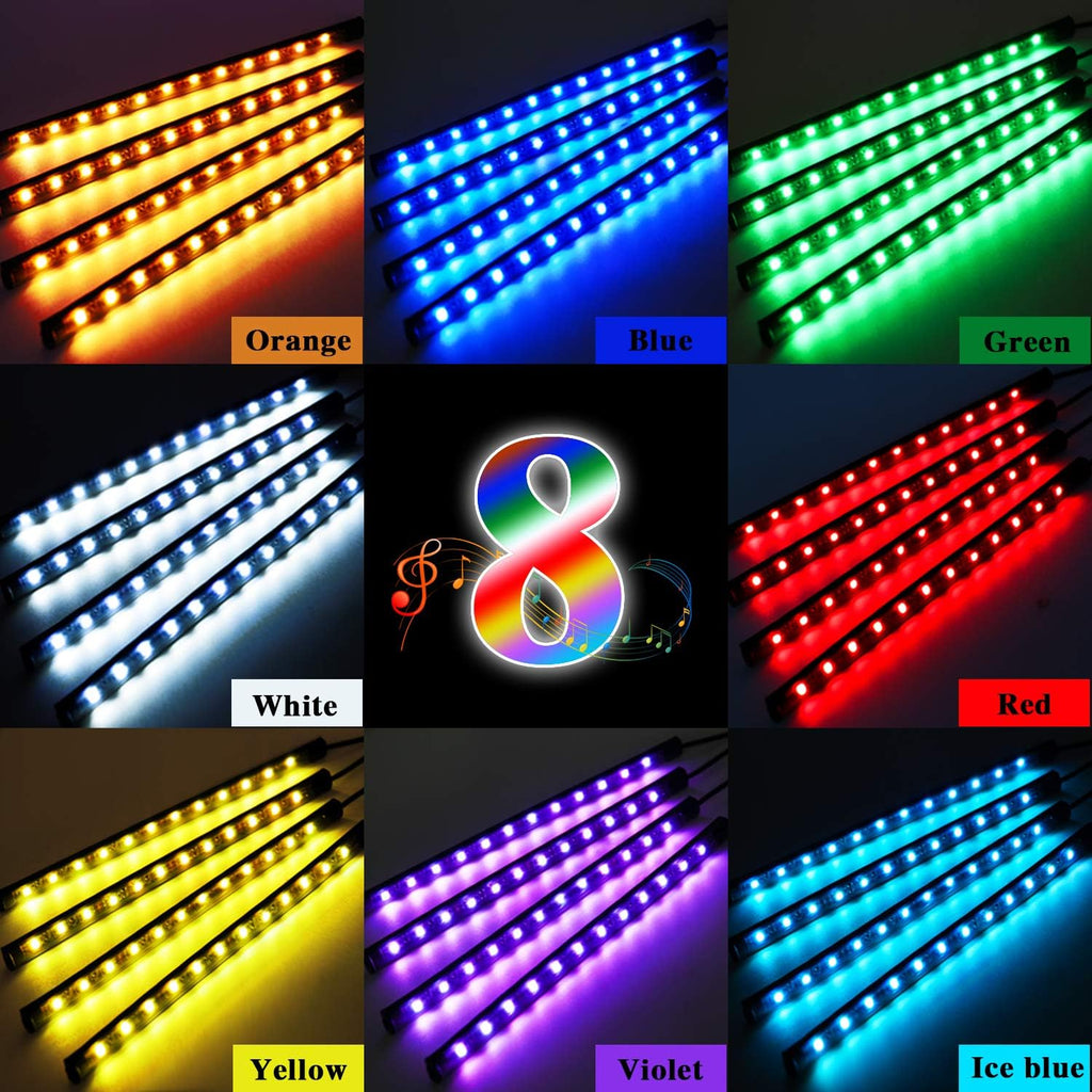 Car Led Interior Lights，4Pcs 48 LED Multicolor Music Car Interior Accessories under Dash Lighting Waterproof Kit with Sound Active Function and Wireless Remote Control, Car Charger Included