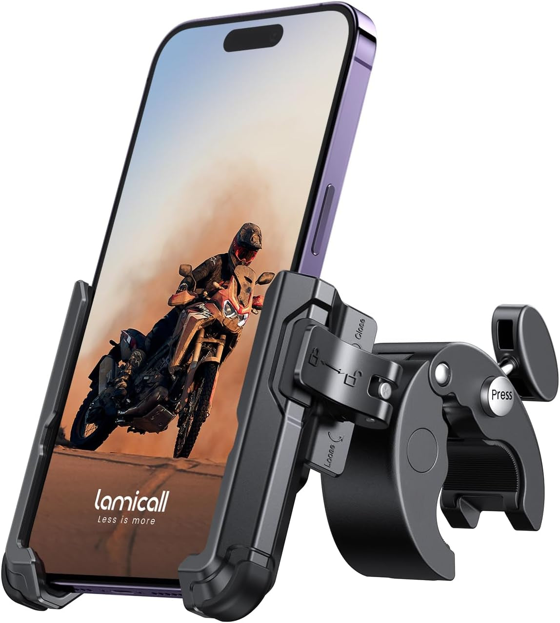 Motorcycle Phone Mount Holder - [Camera Friendly] [1S Lock] Bike Phone Holder Handlebar Clamp, Bicycle Scooter Phone Clip, for Iphone 14 15 16 17 Pro Max Plus, 2.4~3.54" Wide Phone, Golf Cart