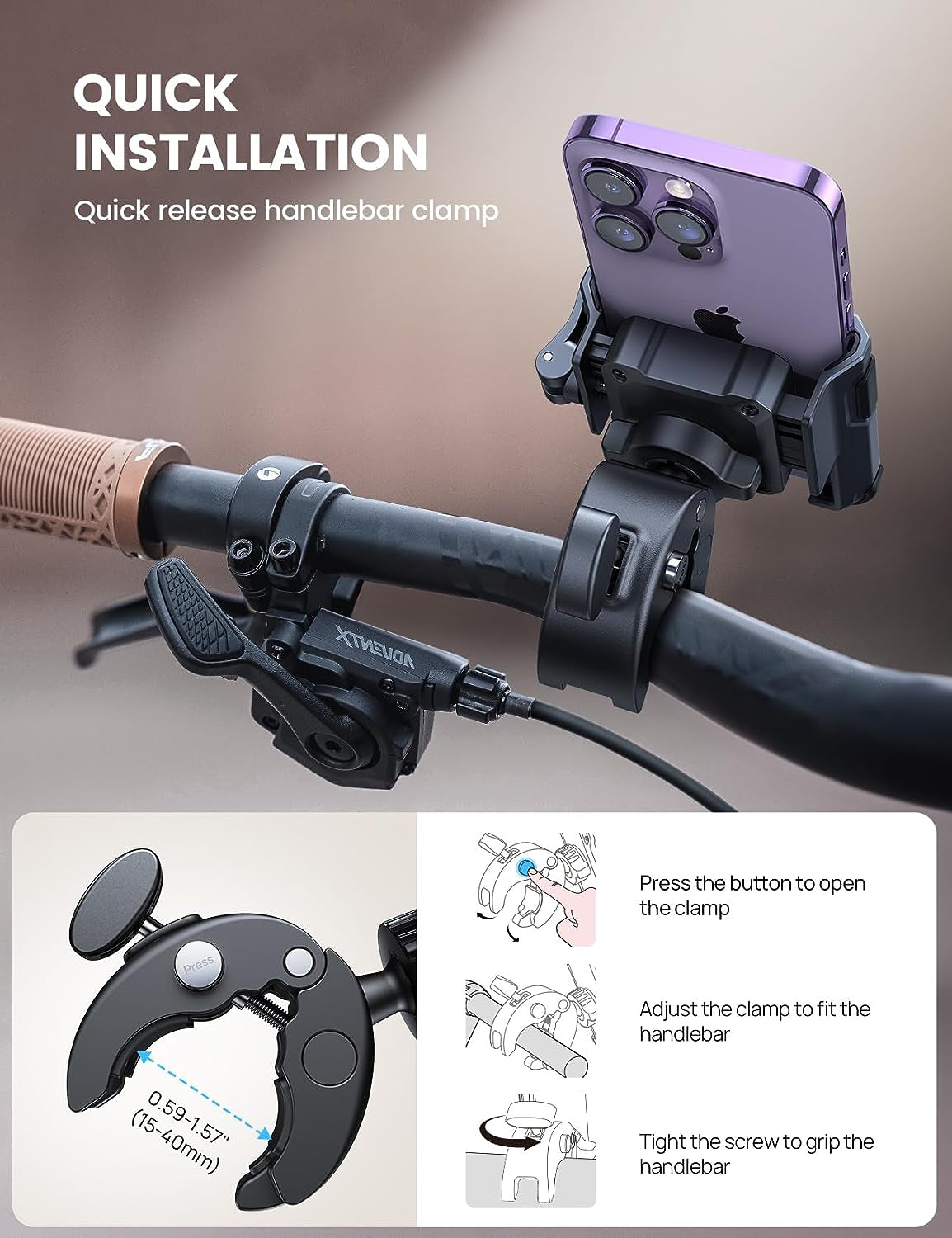 Motorcycle Phone Mount Holder - [Camera Friendly] [1S Lock] Bike Phone Holder Handlebar Clamp, Bicycle Scooter Phone Clip, for Iphone 14 15 16 17 Pro Max Plus, 2.4~3.54" Wide Phone, Golf Cart