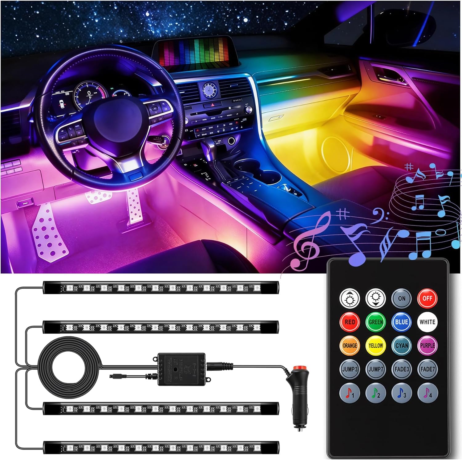 Car Led Interior Lights，4Pcs 48 LED Multicolor Music Car Interior Accessories under Dash Lighting Waterproof Kit with Sound Active Function and Wireless Remote Control, Car Charger Included