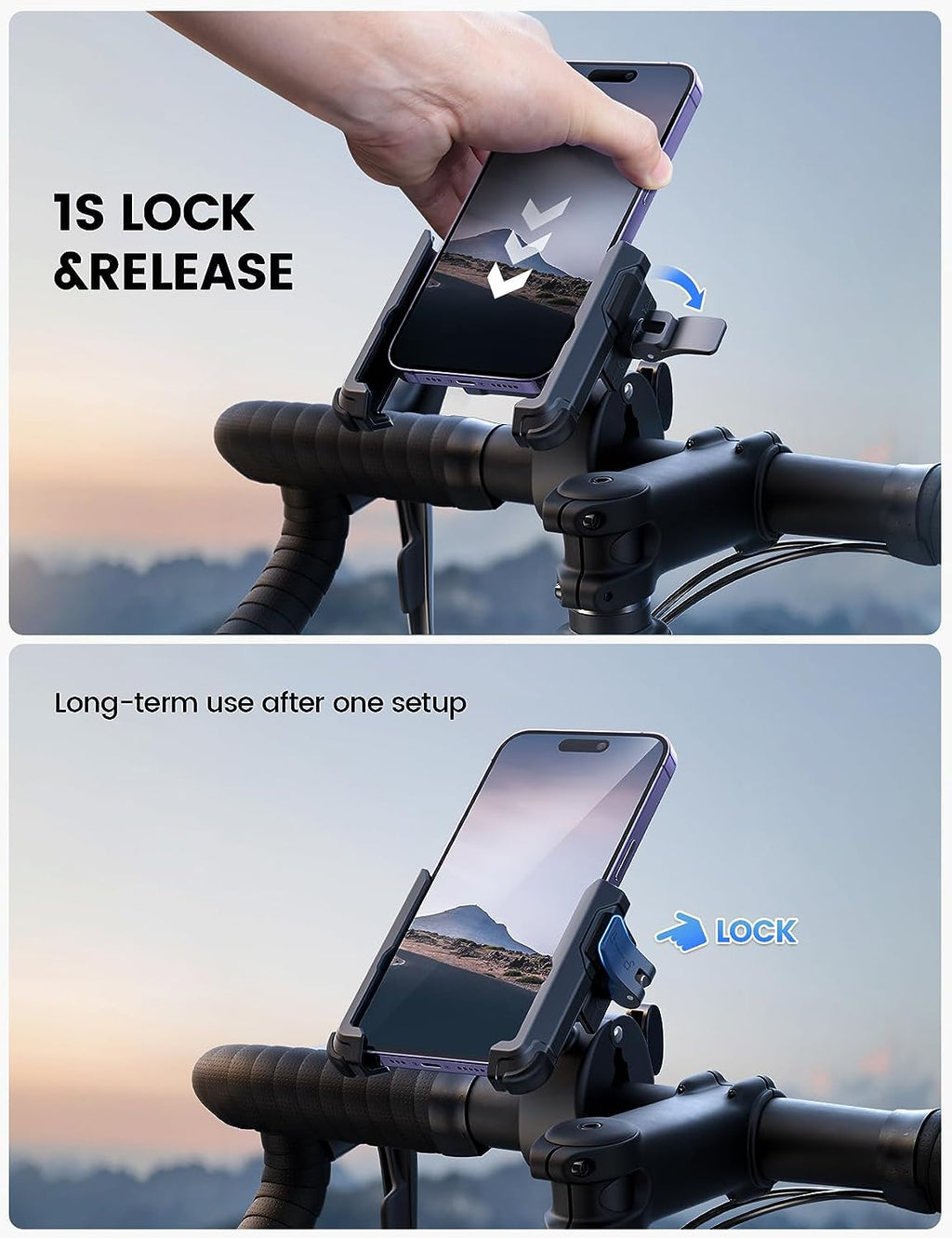 Motorcycle Phone Mount Holder - [Camera Friendly] [1S Lock] Bike Phone Holder Handlebar Clamp, Bicycle Scooter Phone Clip, for Iphone 14 15 16 17 Pro Max Plus, 2.4~3.54" Wide Phone, Golf Cart