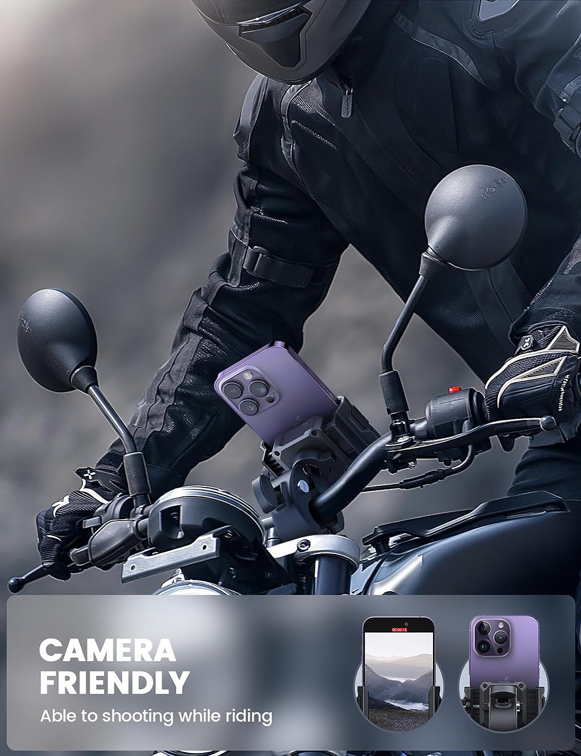 Motorcycle Phone Mount Holder - [Camera Friendly] [1S Lock] Bike Phone Holder Handlebar Clamp, Bicycle Scooter Phone Clip, for Iphone 14 15 16 17 Pro Max Plus, 2.4~3.54" Wide Phone, Golf Cart