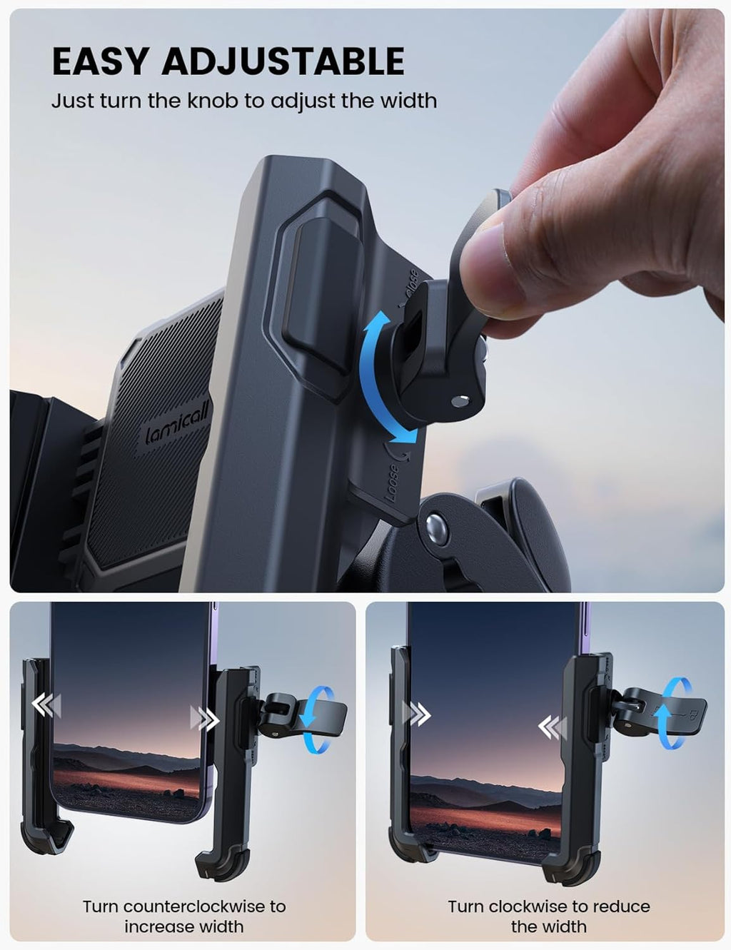 Motorcycle Phone Mount Holder - [Camera Friendly] [1S Lock] Bike Phone Holder Handlebar Clamp, Bicycle Scooter Phone Clip, for Iphone 14 15 16 17 Pro Max Plus, 2.4~3.54" Wide Phone, Golf Cart
