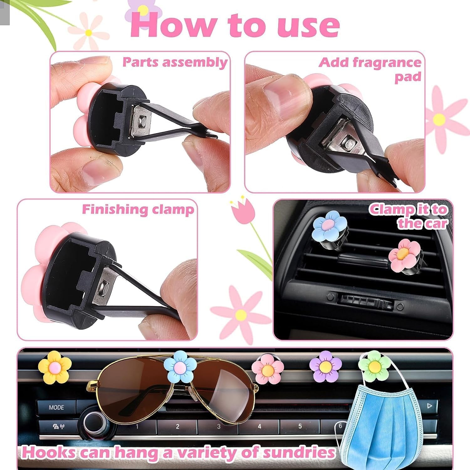 Car Air Fresheners Vent Clip, 6 Pcs Daisy Flower Air Vent Clip Air Conditioning Outlet Clip Car Air Freshener Clip Charm Car Inter Decor Accessories