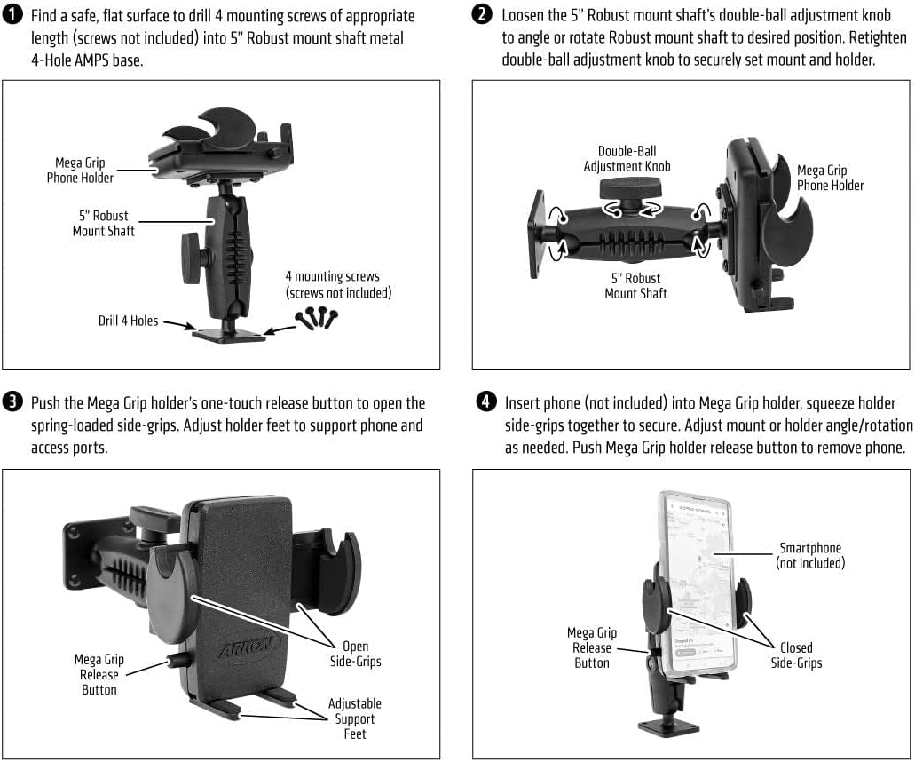 Mounts Drill-Base Mega Grip Phone Mount | Universal Phone Fit | 360° Adjustable Angle | Flat Surface AMPS Mounting | Compatible with Iphone, Galaxy, Note, Pixel, and More | SM4RM2XMAMPS