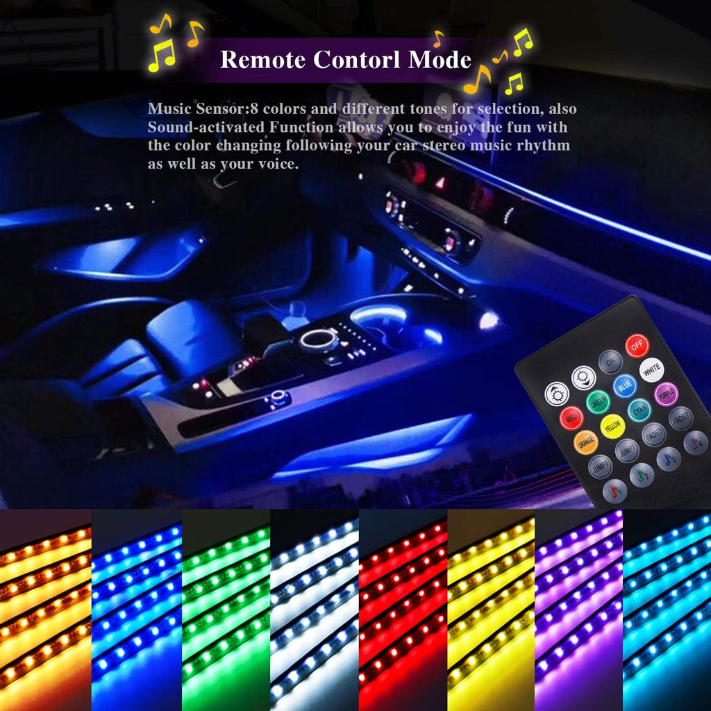 Car Led Interior Lights，4Pcs 48 LED Multicolor Music Car Interior Accessories under Dash Lighting Waterproof Kit with Sound Active Function and Wireless Remote Control, Car Charger Included