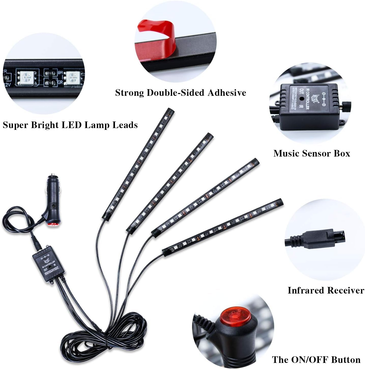 Car Led Interior Lights，4Pcs 48 LED Multicolor Music Car Interior Accessories under Dash Lighting Waterproof Kit with Sound Active Function and Wireless Remote Control, Car Charger Included