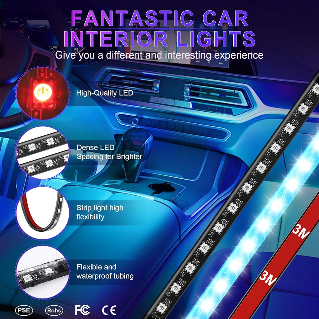 Car Led Interior Lights，4Pcs 48 LED Multicolor Music Car Interior Accessories under Dash Lighting Waterproof Kit with Sound Active Function and Wireless Remote Control, Car Charger Included