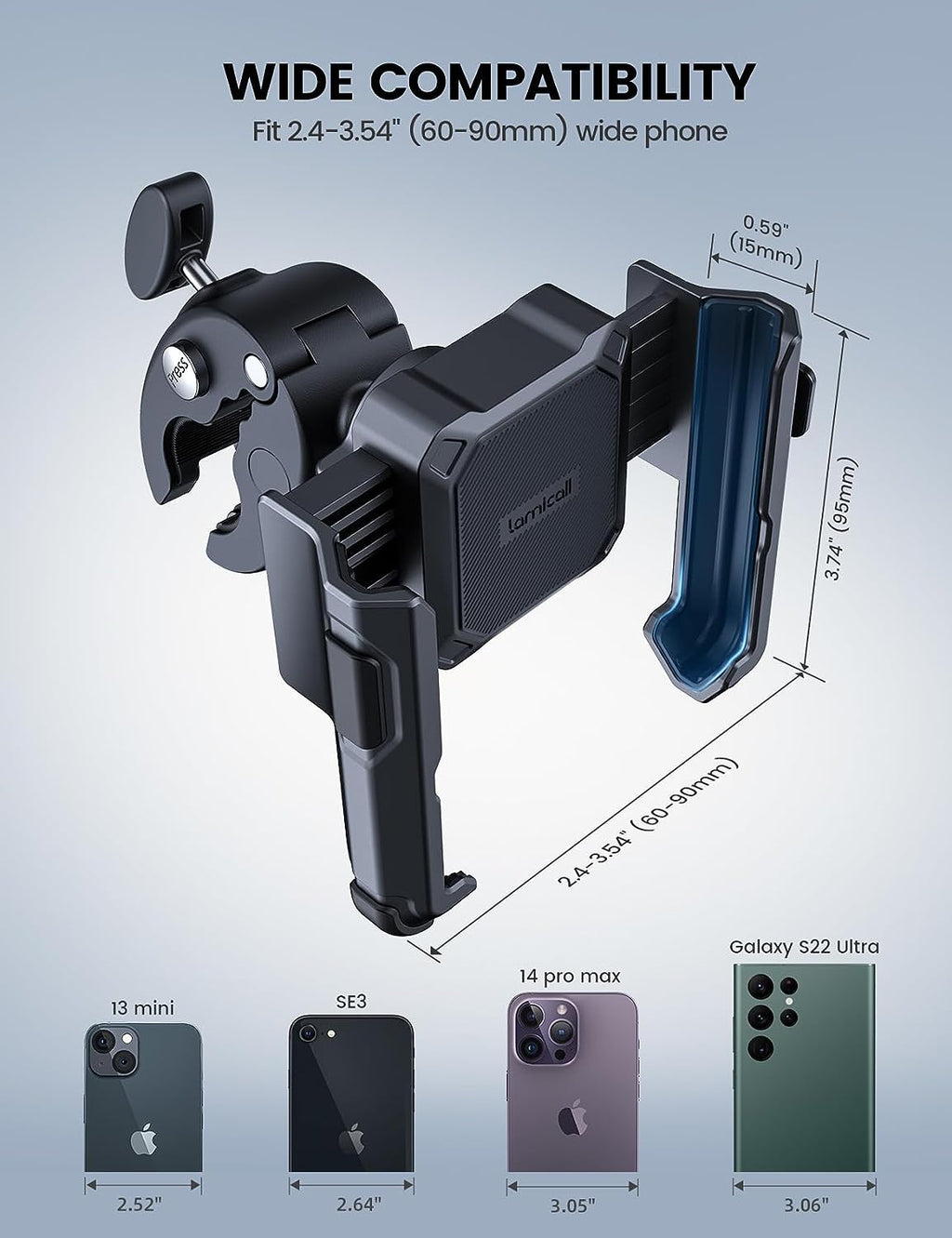 Motorcycle Phone Mount Holder - [Camera Friendly] [1S Lock] Bike Phone Holder Handlebar Clamp, Bicycle Scooter Phone Clip, for Iphone 14 15 16 17 Pro Max Plus, 2.4~3.54" Wide Phone, Golf Cart