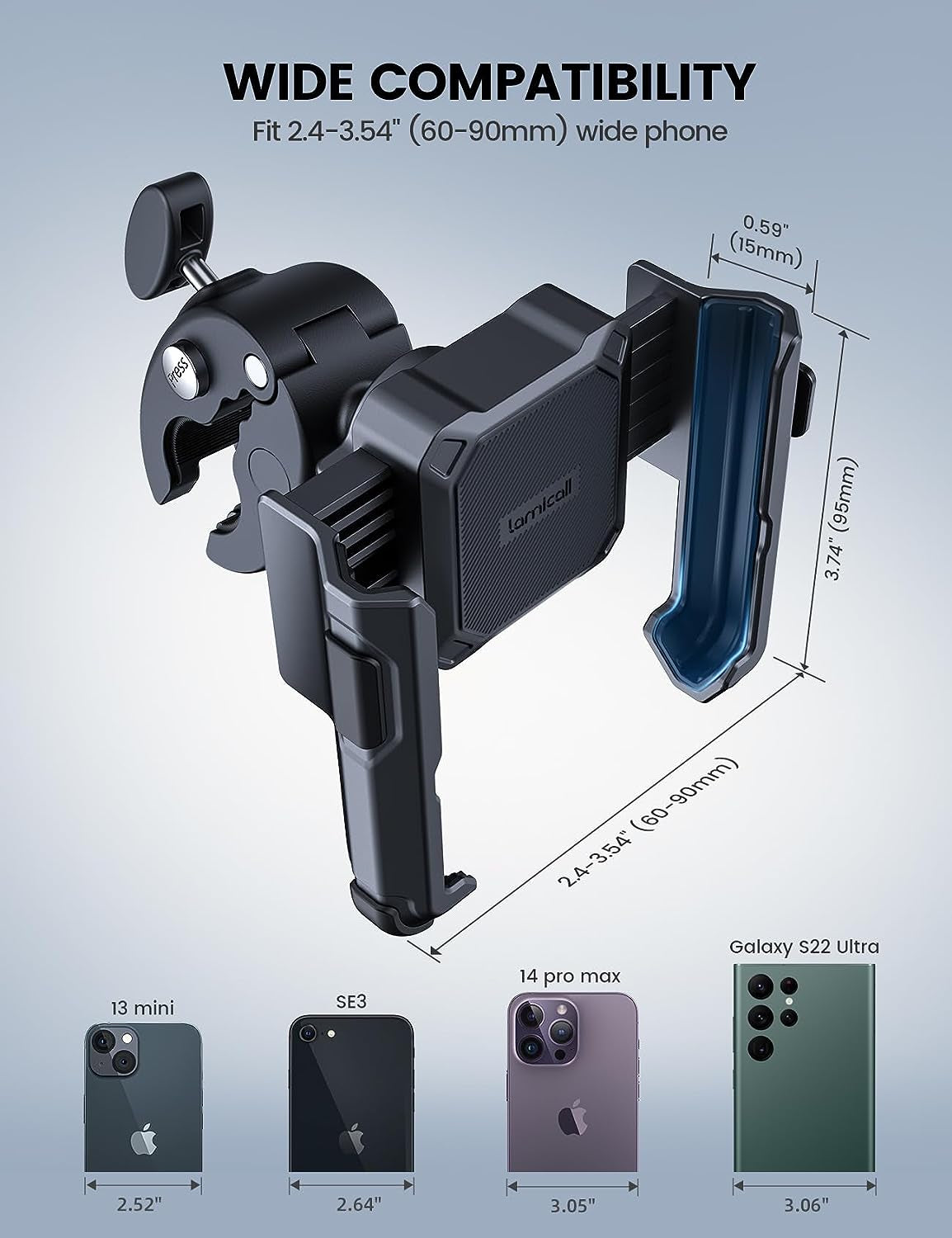 Motorcycle Phone Mount Holder - [Camera Friendly] [1S Lock] Bike Phone Holder Handlebar Clamp, Bicycle Scooter Phone Clip, for Iphone 14 15 16 17 Pro Max Plus, 2.4~3.54" Wide Phone, Golf Cart